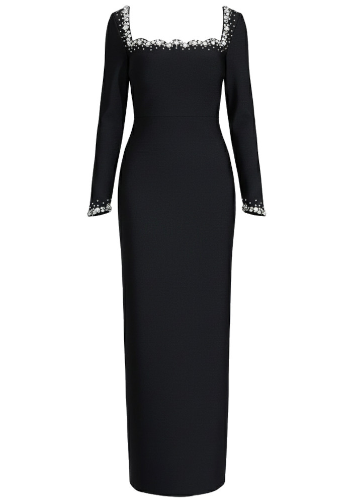 Long Sleeve Crystal Embellished Trim Maxi Dress