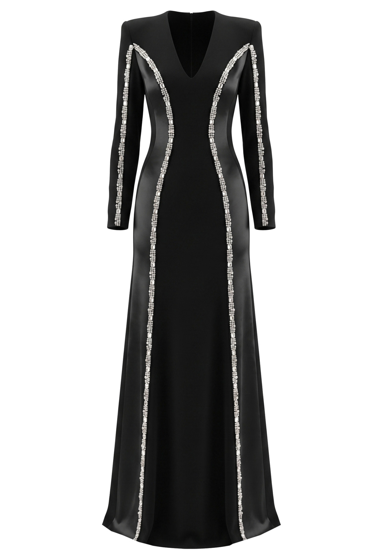 Long Sleeve Crystal Trim Maxi Dress Black 6
