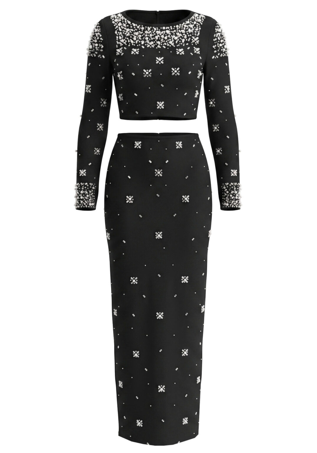Long Sleeve Crystal Embellished Two Piece Maxi Dress