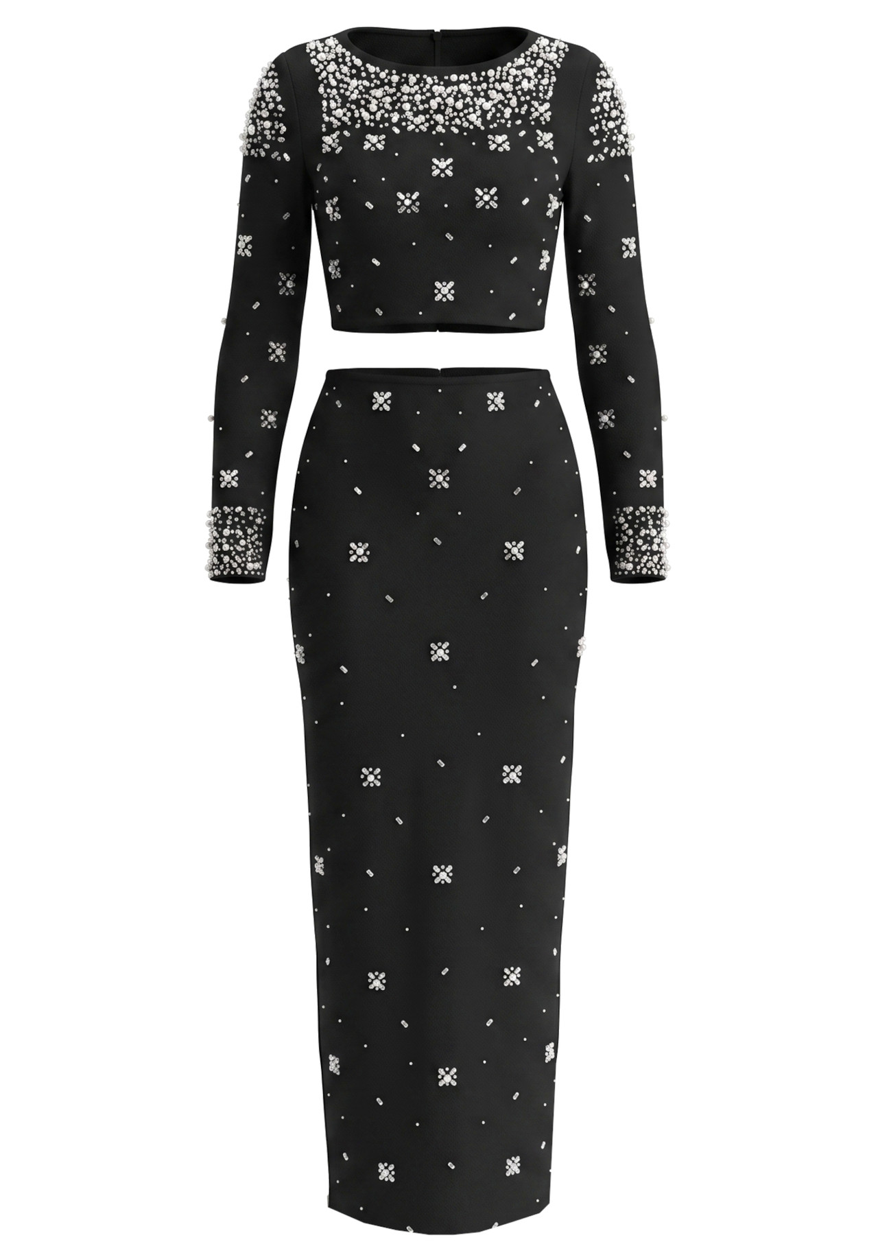Long Sleeve Crystal Embellished Two Piece Maxi Dress