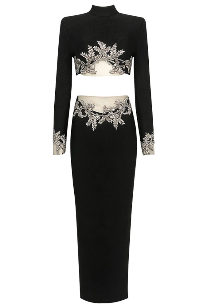 Long Sleeve Crystal Floral Two Piece Maxi Dress Black 9