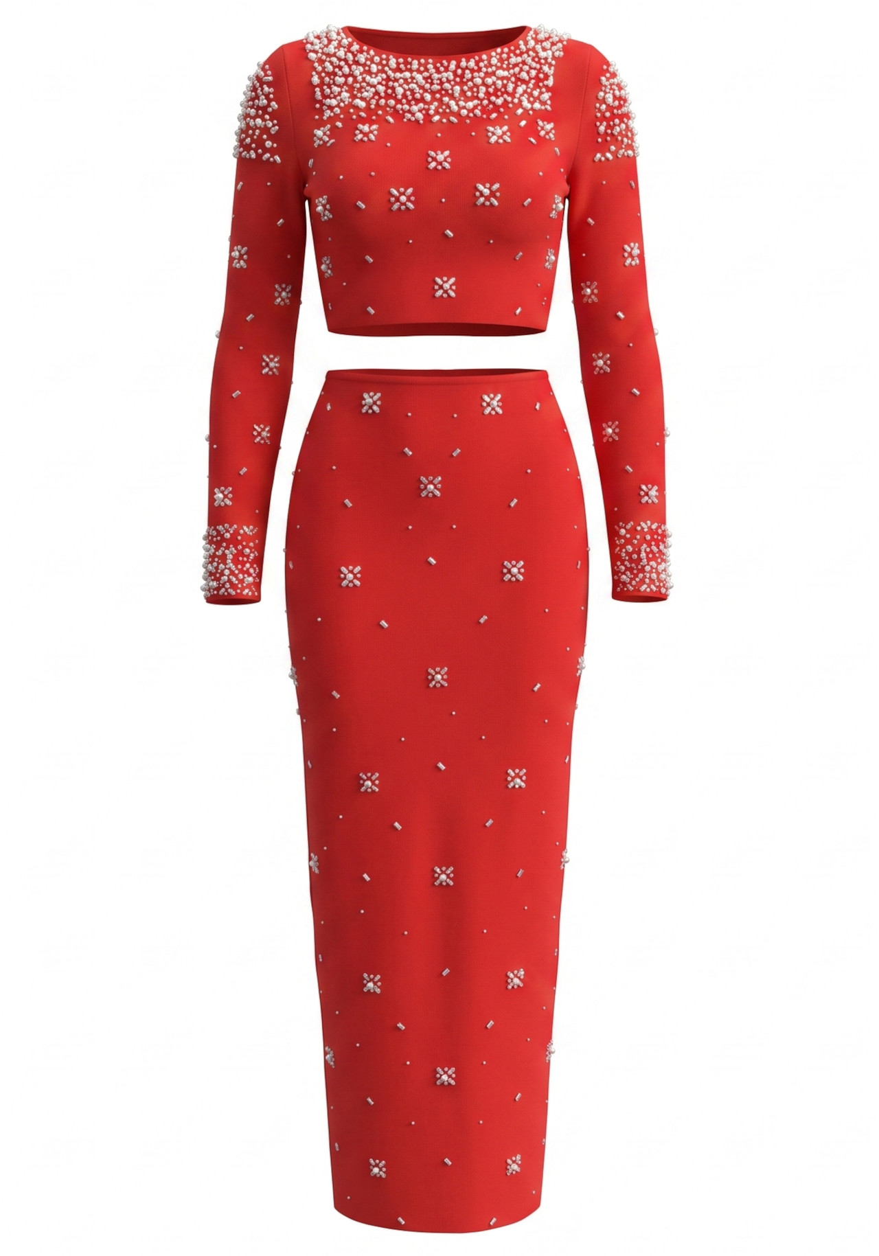 Long Sleeve Crystal Embellished Two Piece Maxi Dress Red 6