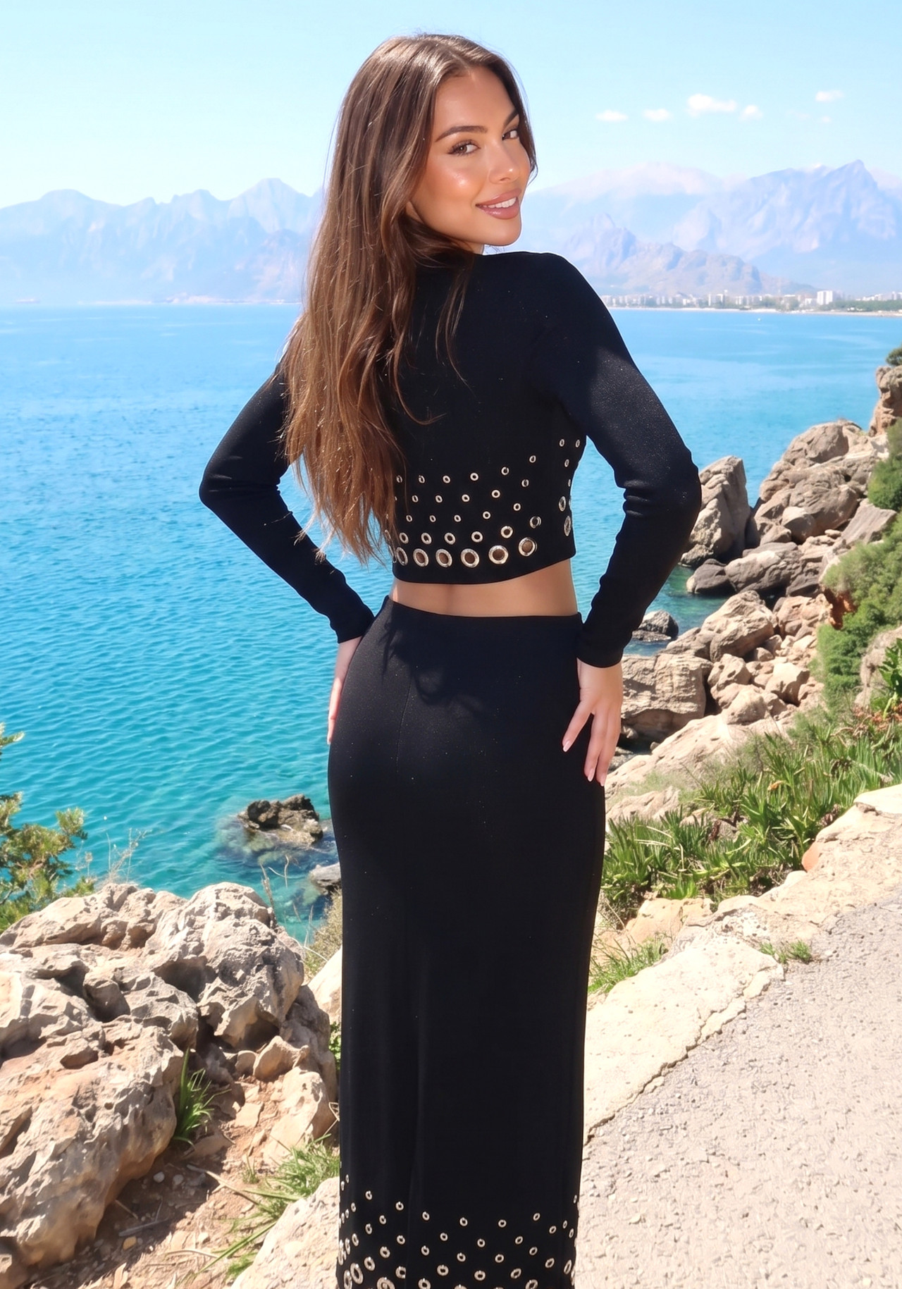 Long Sleeve Cut Out Detail Two Piece Maxi Dress Black 3