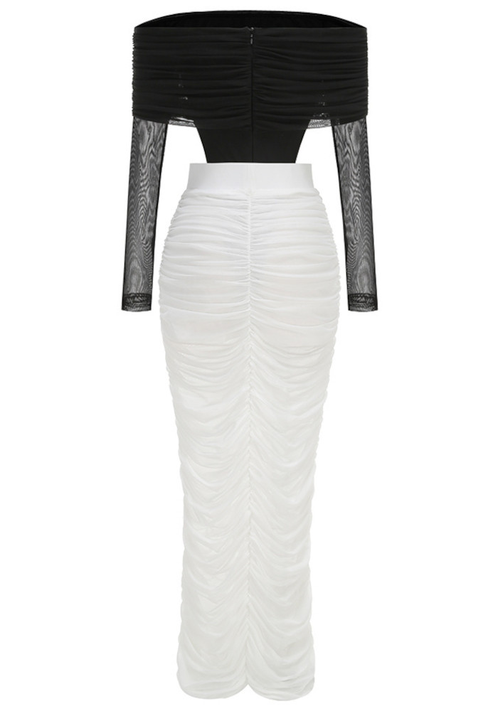 Long Sleeve Draped Bardot Maxi Dress Black White