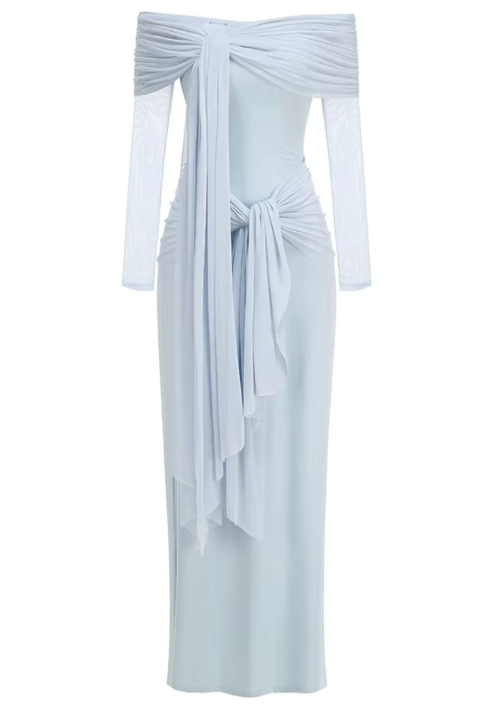 Long Sleeve Draped Bardot Maxi Dress Light Blue 9