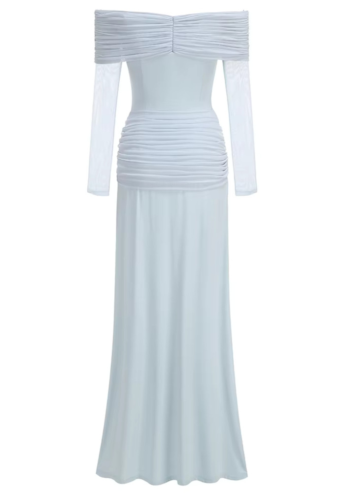 Long Sleeve Draped Bardot Maxi Dress Light Blue 10