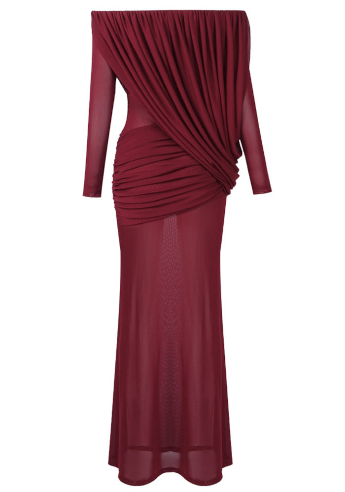 Long Sleeve Draped Bardot Maxi Dress Burgundy 7
