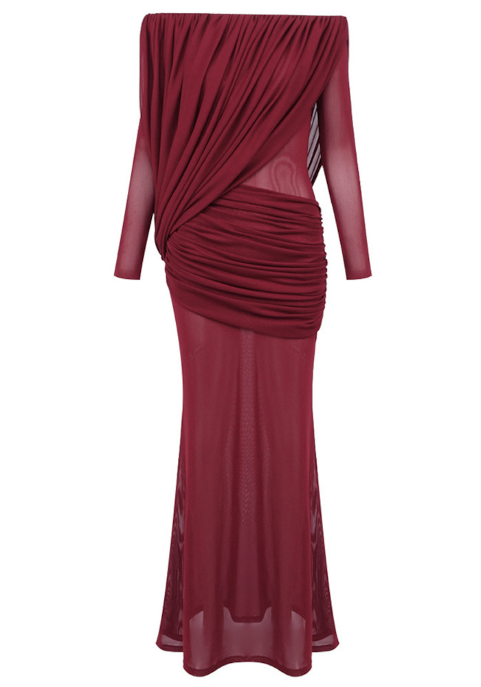 Long Sleeve Draped Bardot Maxi Dress Burgundy 8