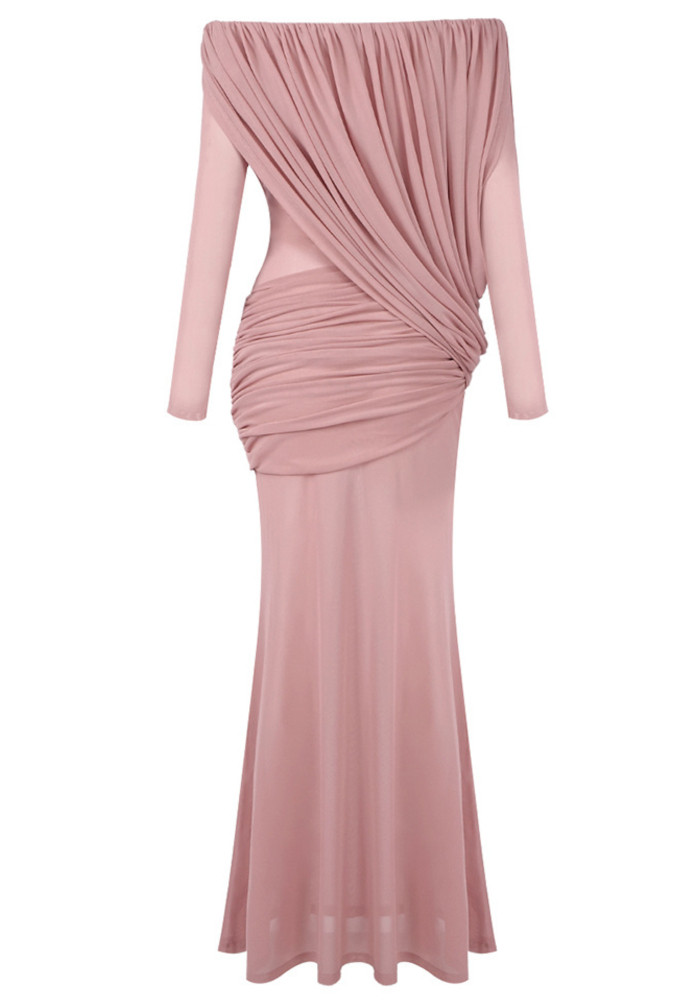 Long Sleeve Draped Bardot Maxi Dress Pink 10