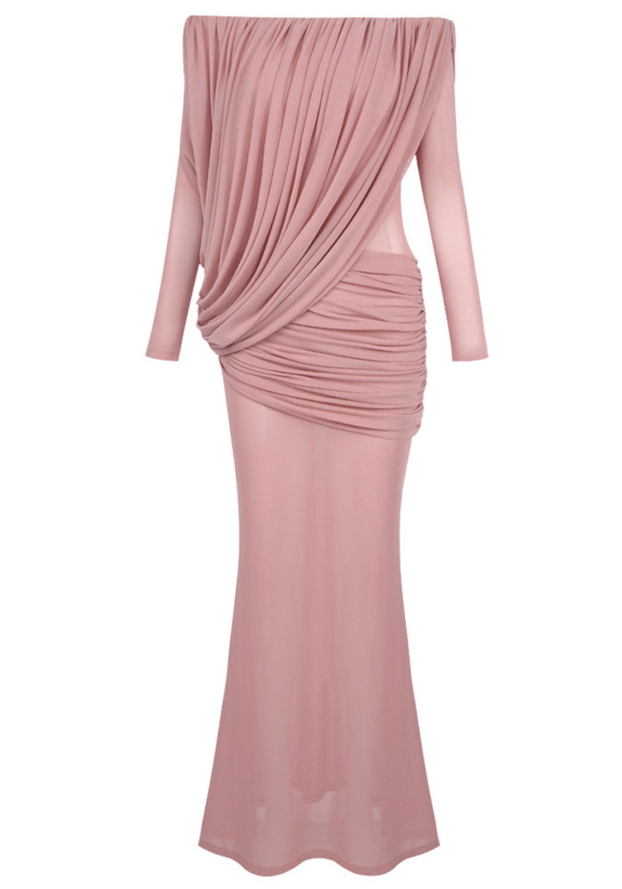 Long Sleeve Draped Bardot Maxi Dress Pink 9