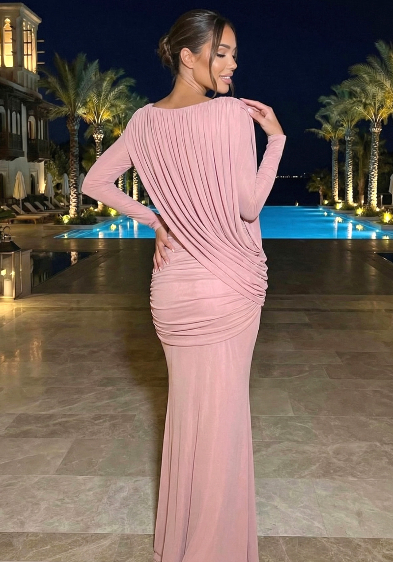Long Sleeve Draped Bardot Maxi Dress Pink 3 Long Sleeve Draped Bardot Maxi Dress Pink 3