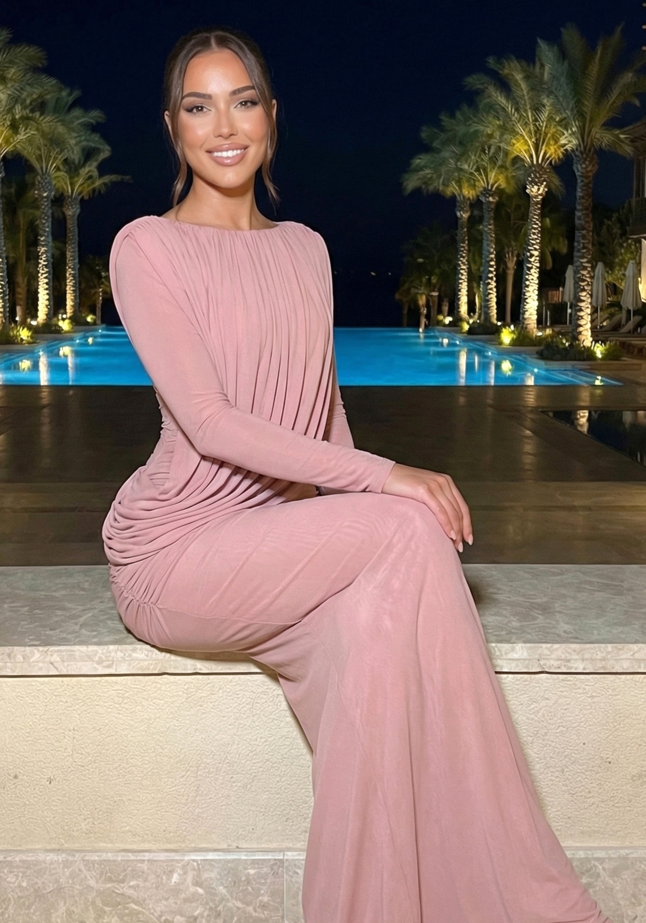 Long Sleeve Draped Bardot Maxi Dress Pink 2 Long Sleeve Draped Bardot Maxi Dress Pink 2