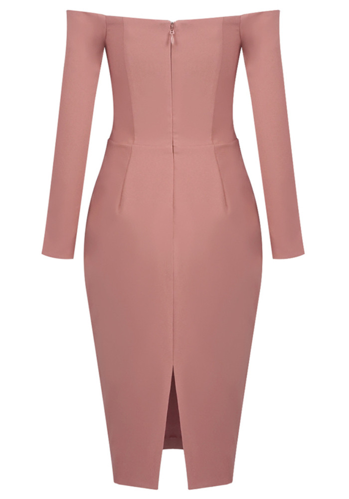 Long Sleeve Draped Bardot Midi Dress Pink 9