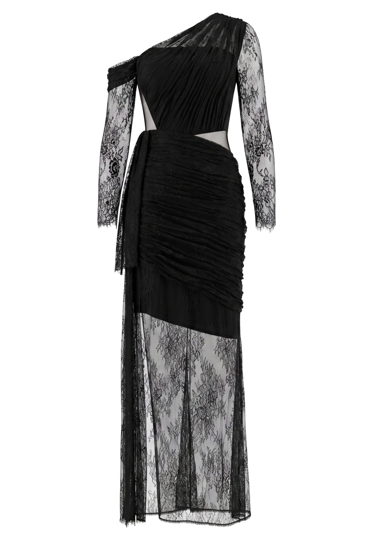 Long Sleeve Draped Lace Maxi Dress Black 8