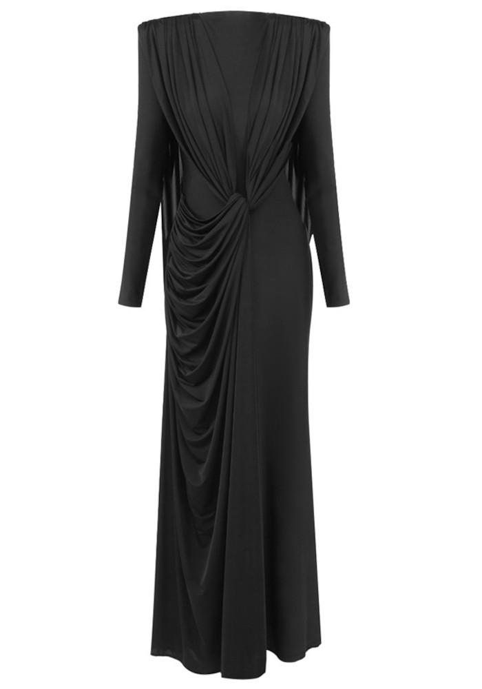 Long Sleeve Draped Design Maxi Dress Black 9