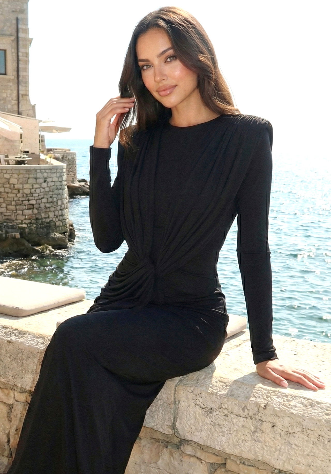 Long Sleeve Draped Design Maxi Dress Black 7 Long Sleeve Draped Design Maxi Dress Black 7
