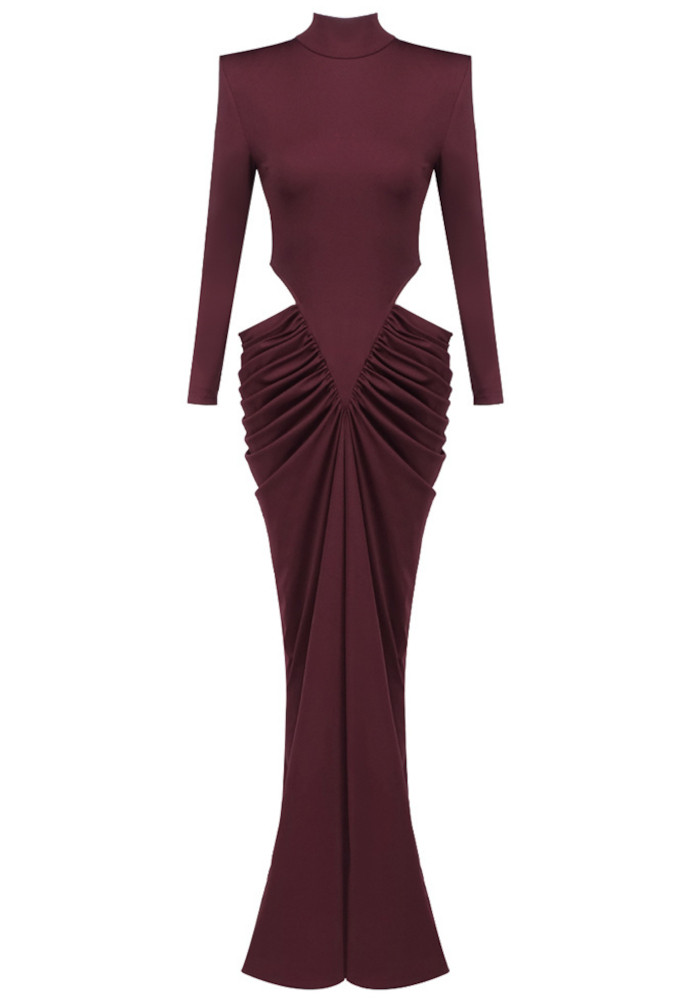 Long Sleeve Draped Cut Out Detail Maxi Dress