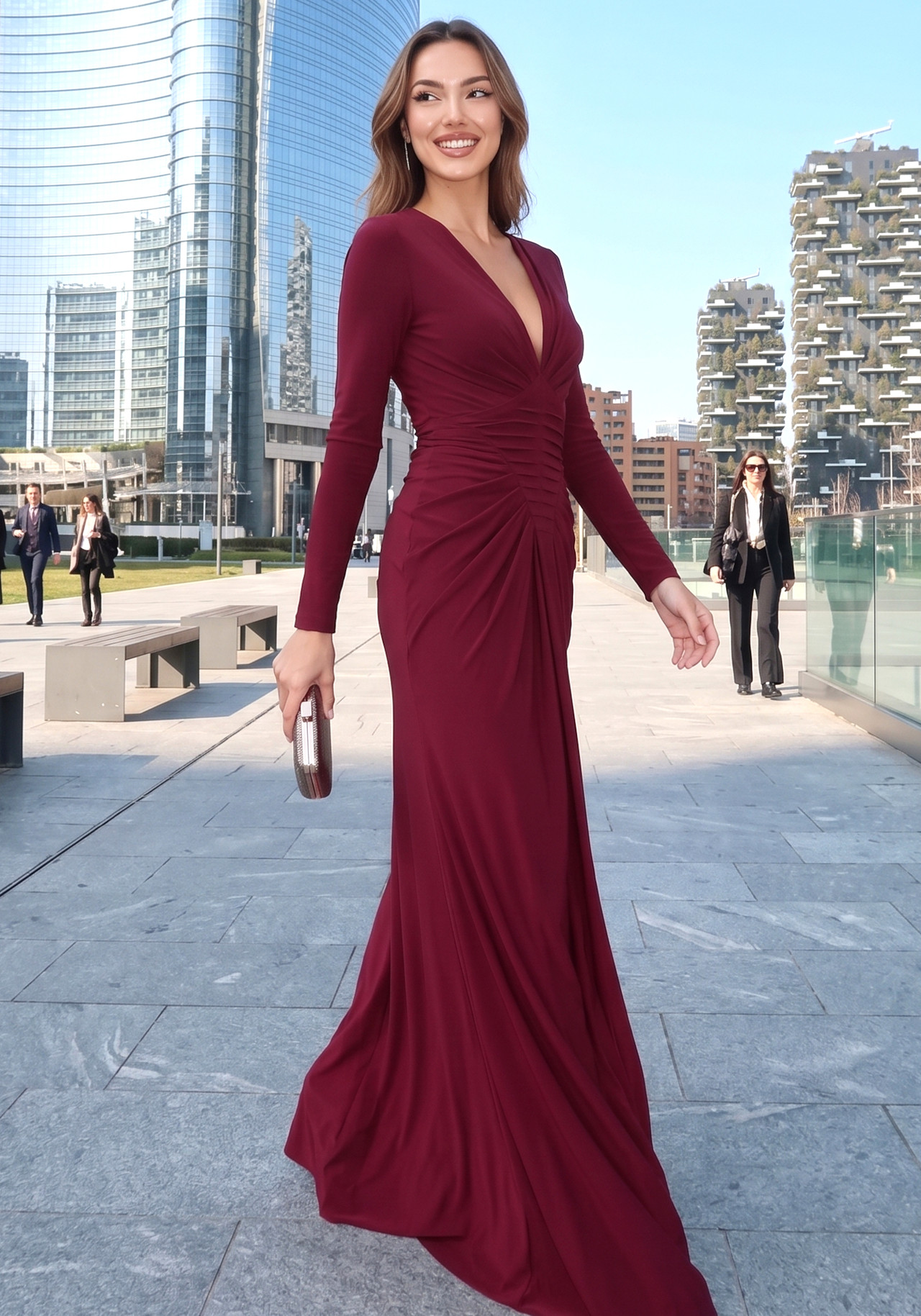 Long Sleeve Draped Maxi Dress Burgundy 3