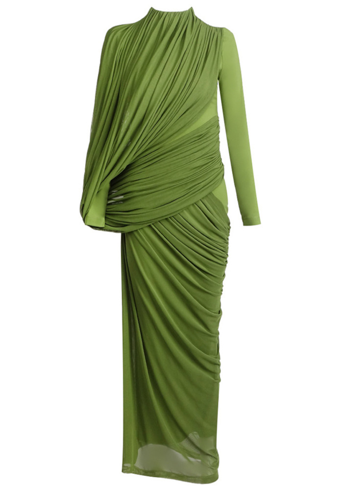 Long Sleeve Draped Maxi Dress Green 8