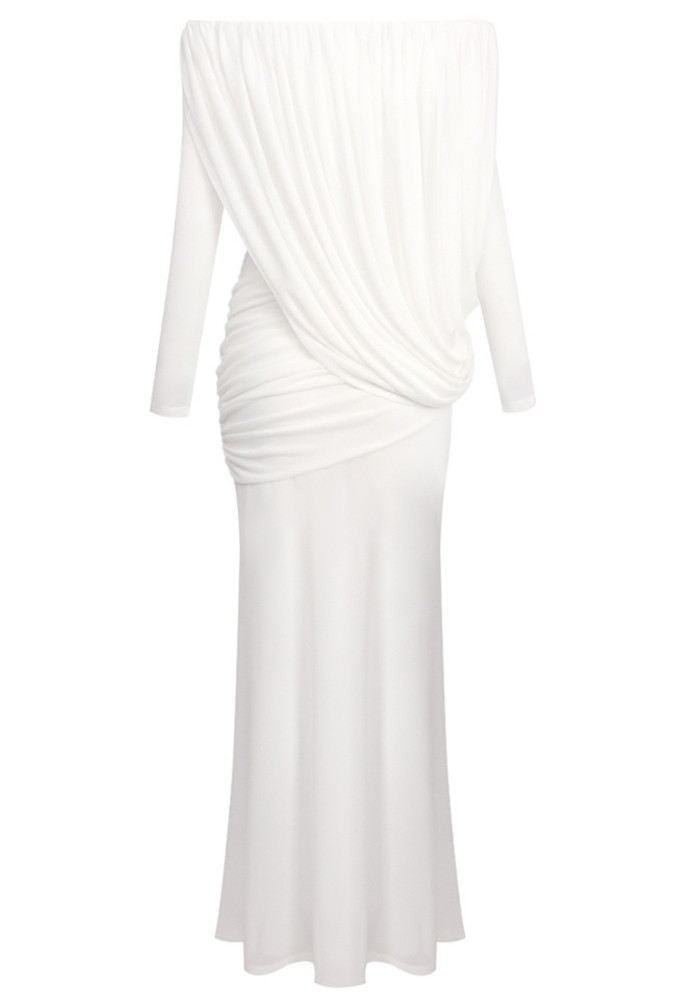Long Sleeve Draped Bardot Maxi Dress