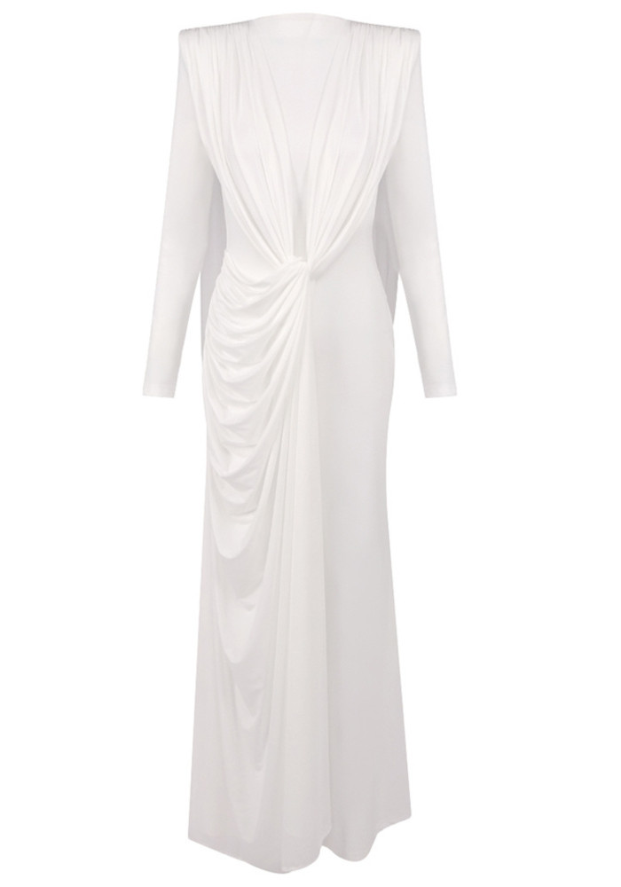 Long Sleeve Draped Design Maxi Dress White 5