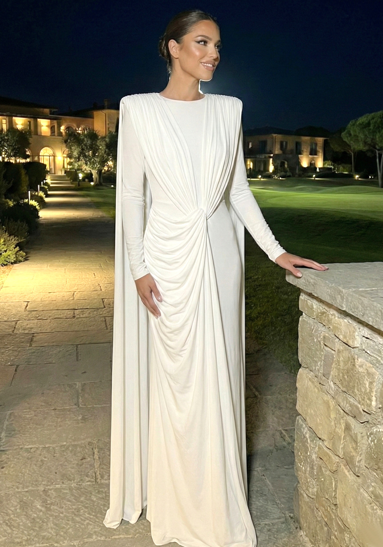 Long Sleeve Draped Design Maxi Dress White 3 Long Sleeve Draped Design Maxi Dress White 3