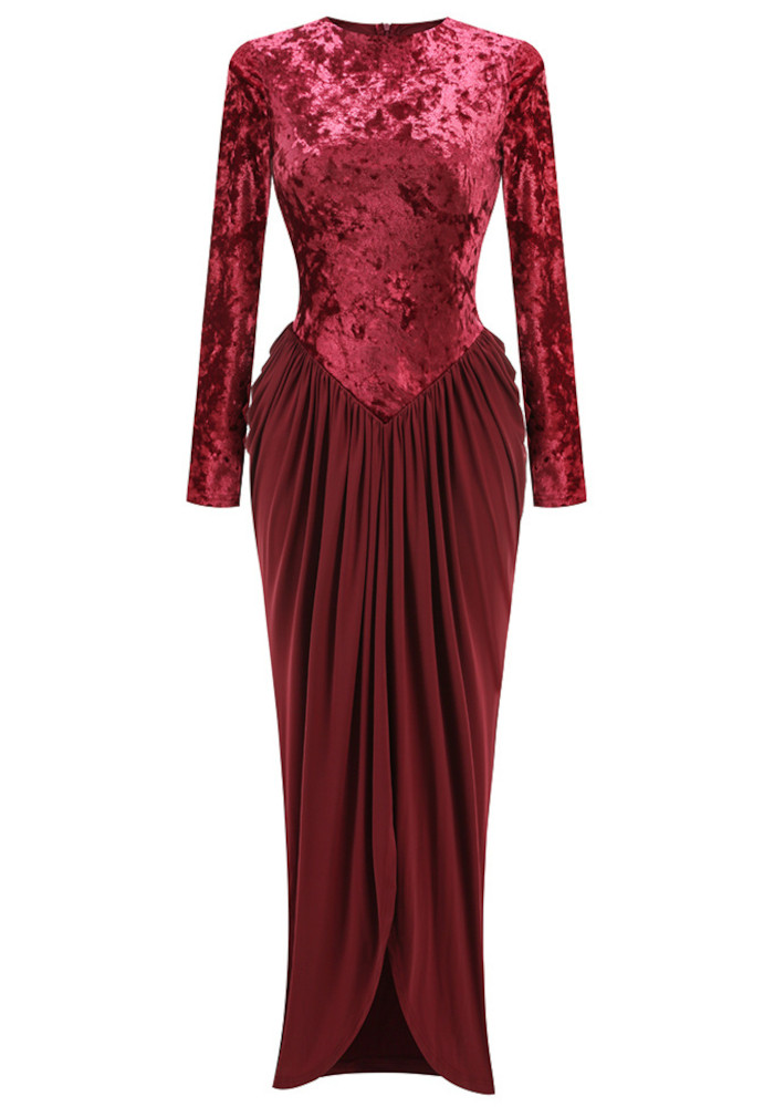 Long Sleeve Draped Velvet Maxi Dress Red 9