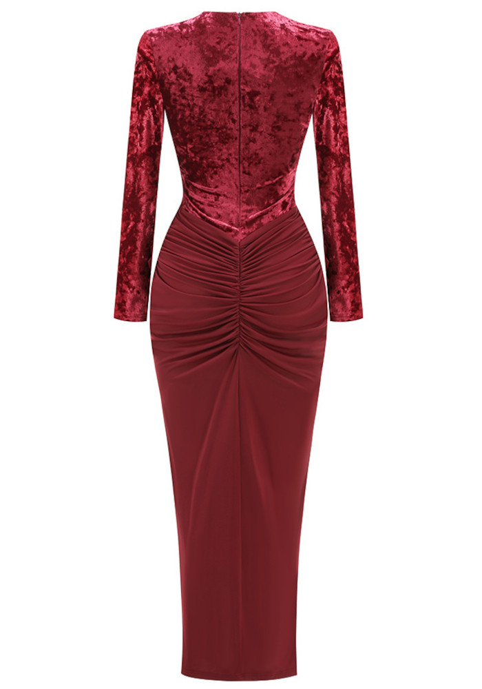 Long Sleeve Draped Velvet Maxi Dress Red 10