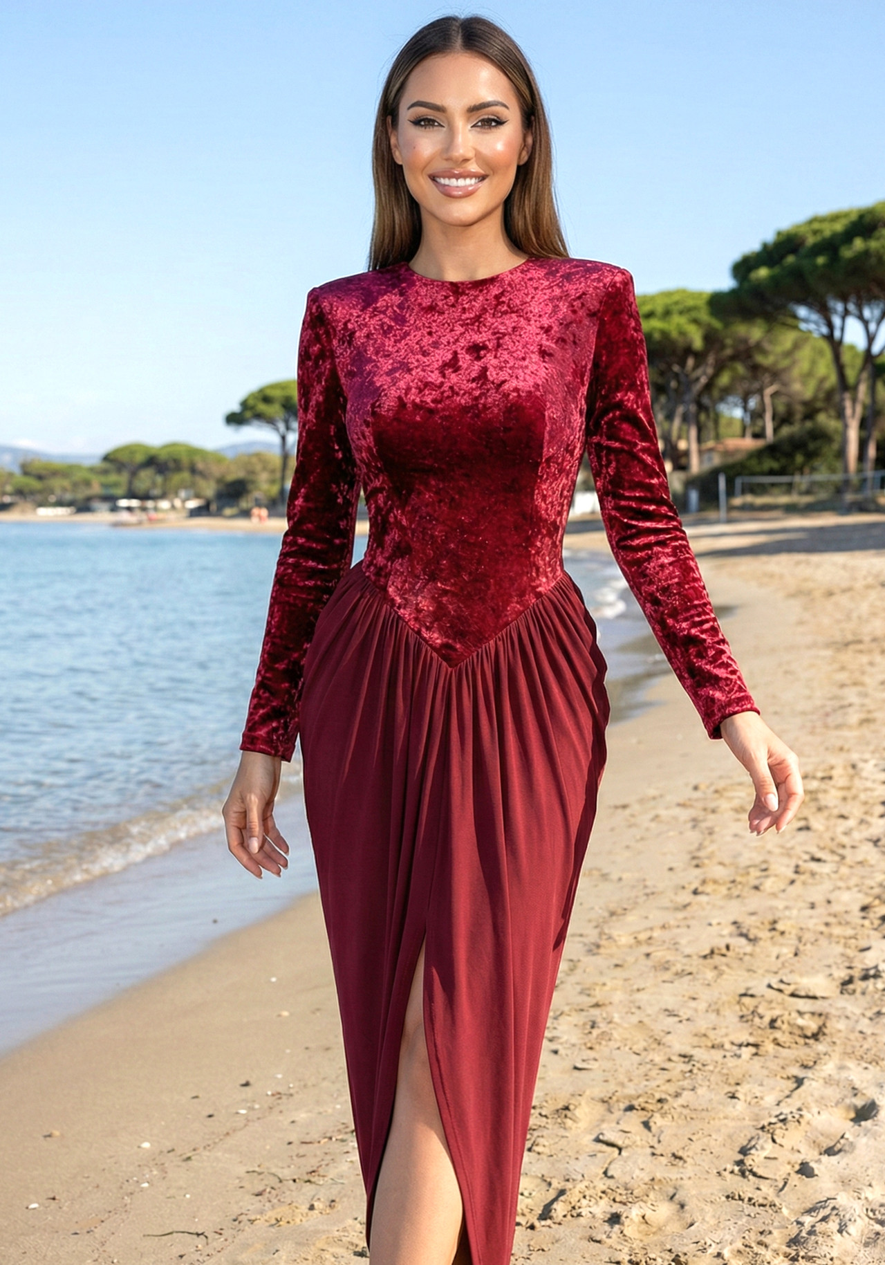 Long Sleeve Draped Velvet Maxi Dress Red 8 Long Sleeve Draped Velvet Maxi Dress Red 8
