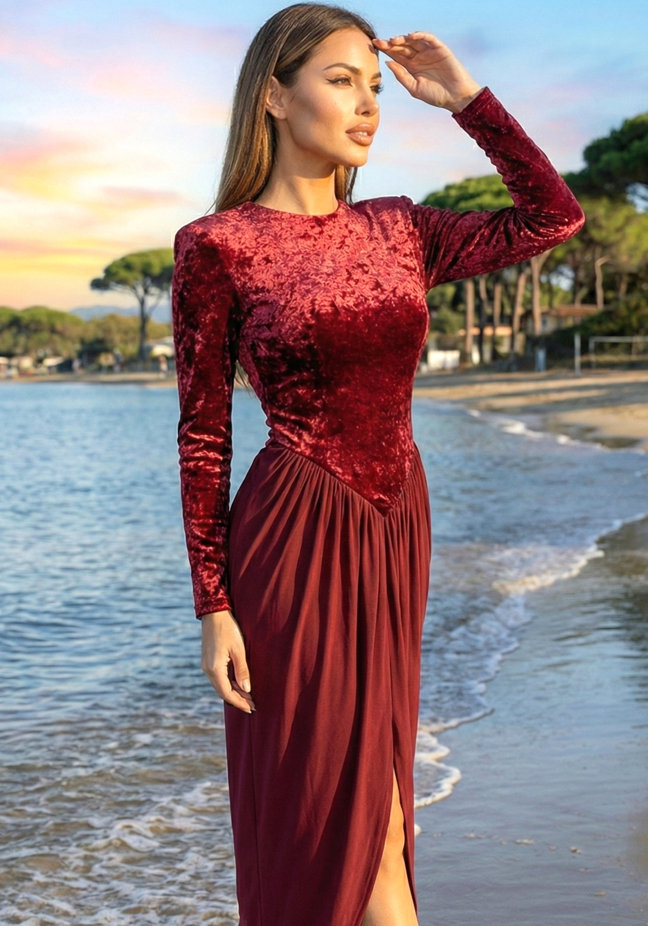 Long Sleeve Draped Velvet Maxi Dress Red 7 Long Sleeve Draped Velvet Maxi Dress Red 7