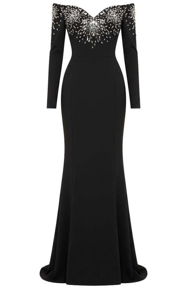 Long Sleeve Bardot Crystal Detail Maxi Dress