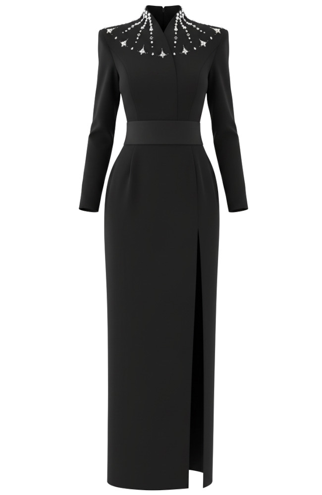 Long Sleeve Embellished Neck Maxi Dress