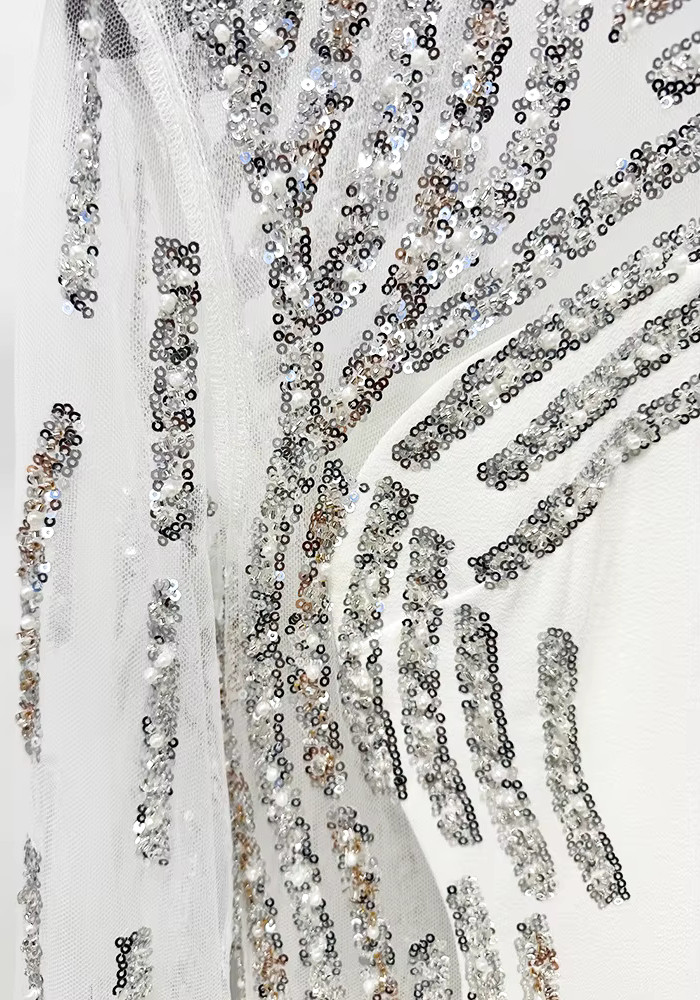 Long Sleeve Sequin Pearl Maxi Dress White 10