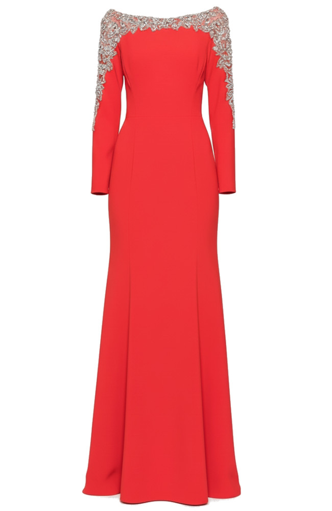 Long Sleeve Crystal Shoulders Maxi Dress