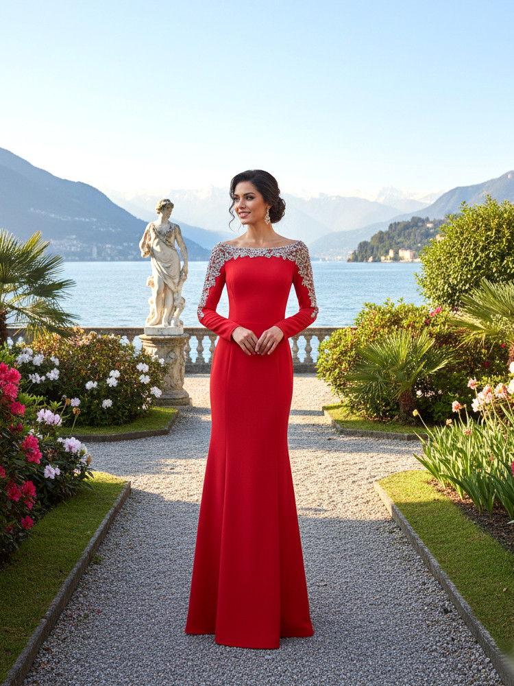 Long Sleeve Crystal Shoulders Maxi Dress Red 7