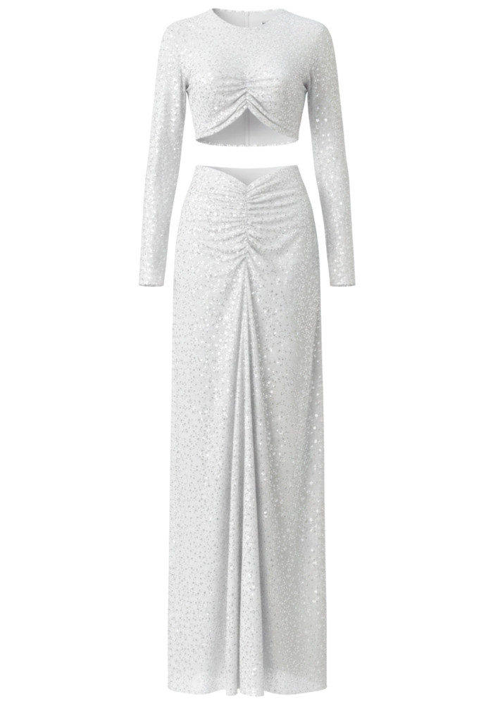 Long Sleeve Ruched Embellished Two Piece Maxi Dress