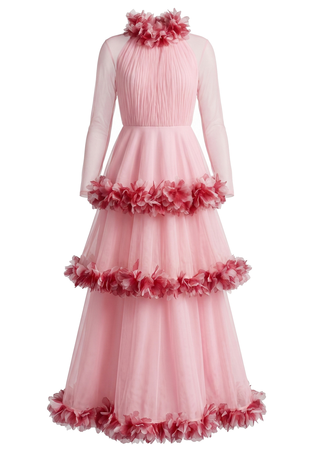 Long Sleeve Feather A Line Maxi Dress Pink 8