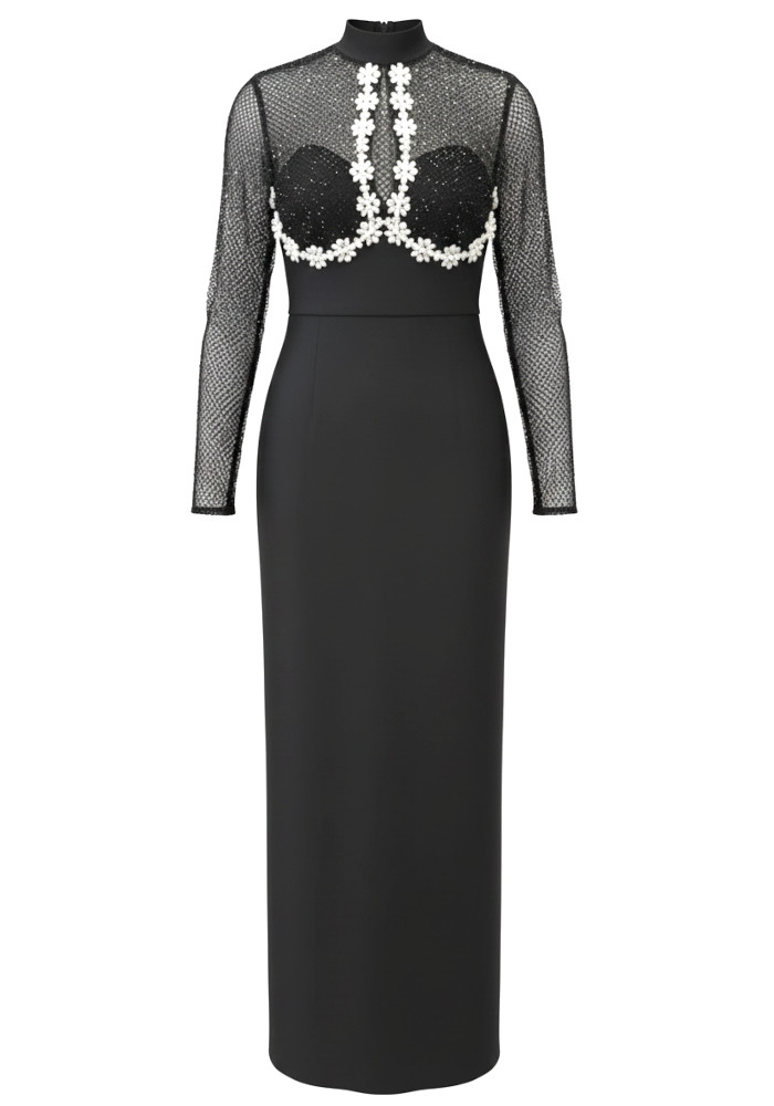 Sparkly Long Sleeve Floral Detail Maxi Dress