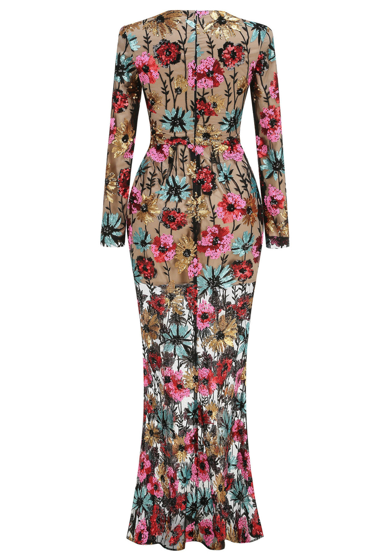 Long Sleeve Floral Embroidered Maxi Dress Black 10