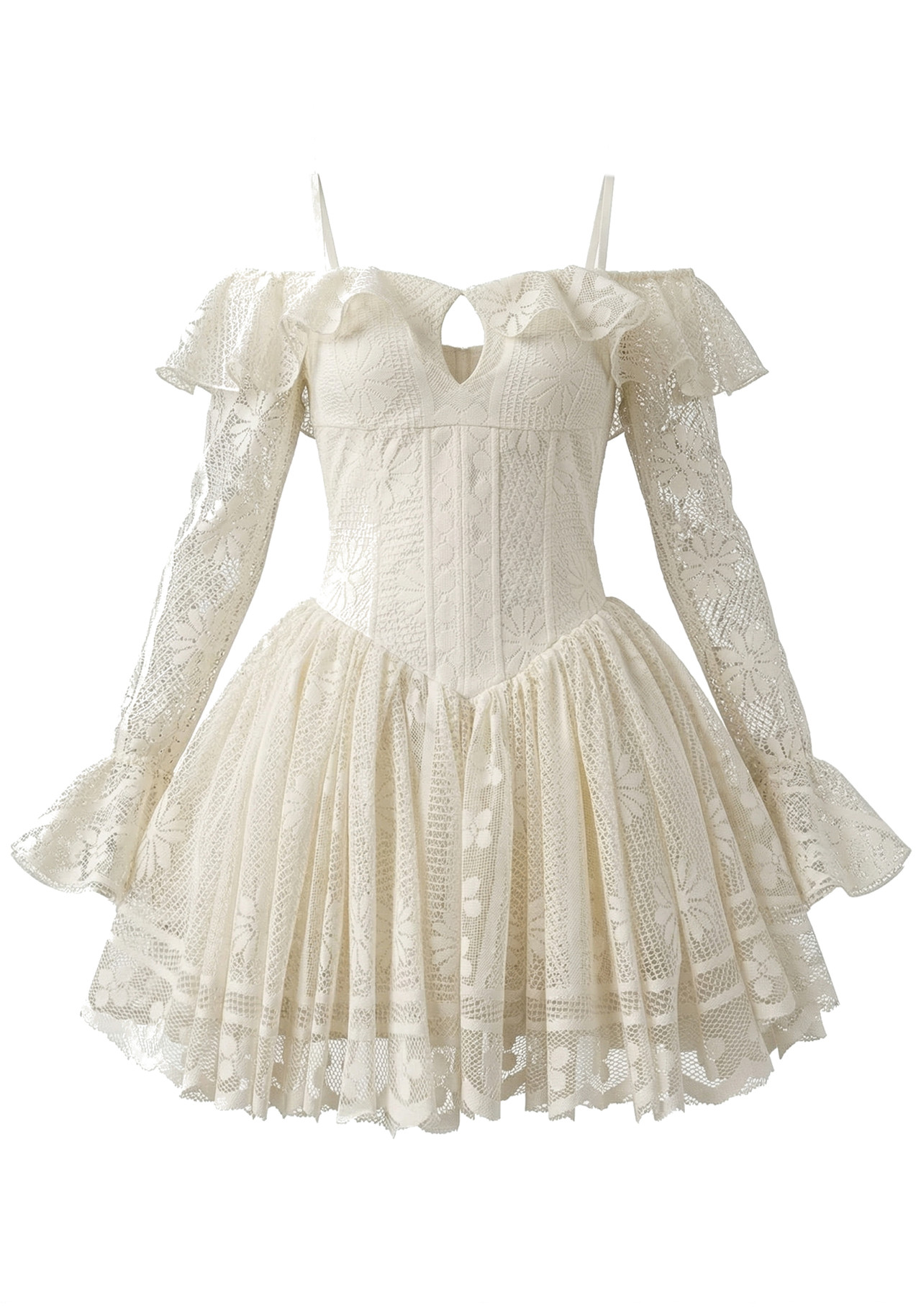 Long Sleeve Ruffle Floral A Line Dress Ivory 6 Long Sleeve Ruffle Floral A Line Dress Ivory 6