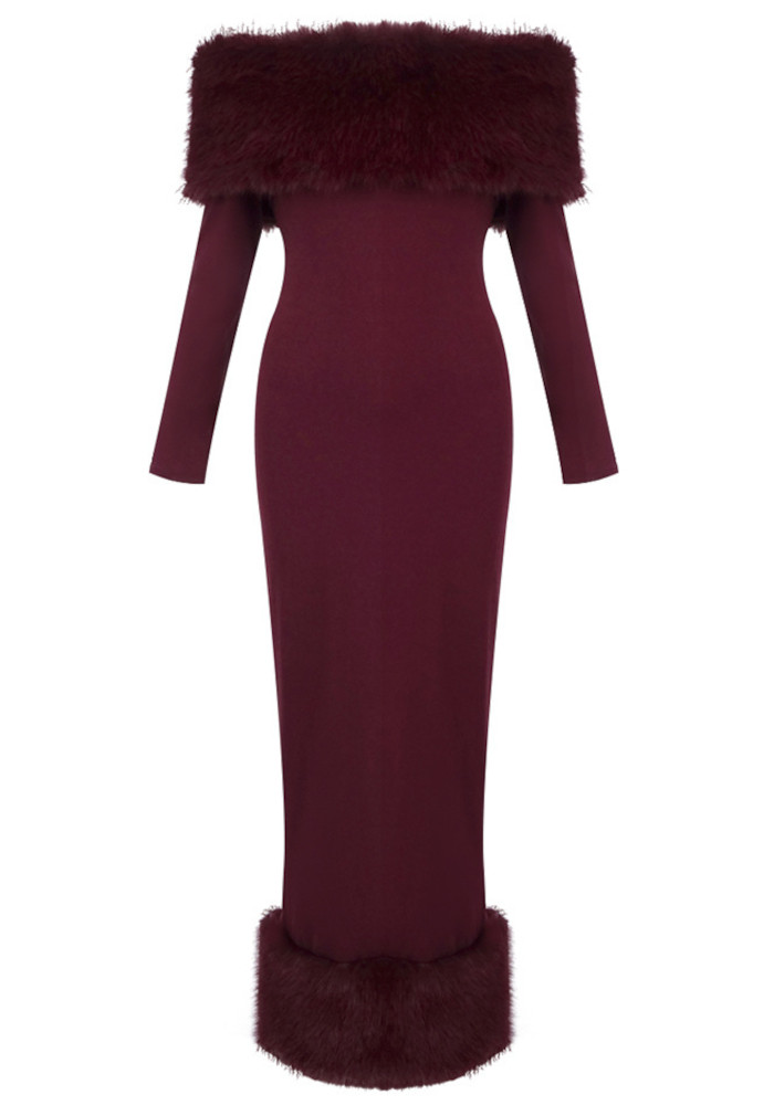 Long Sleeve Fur Bardot Midi Dress