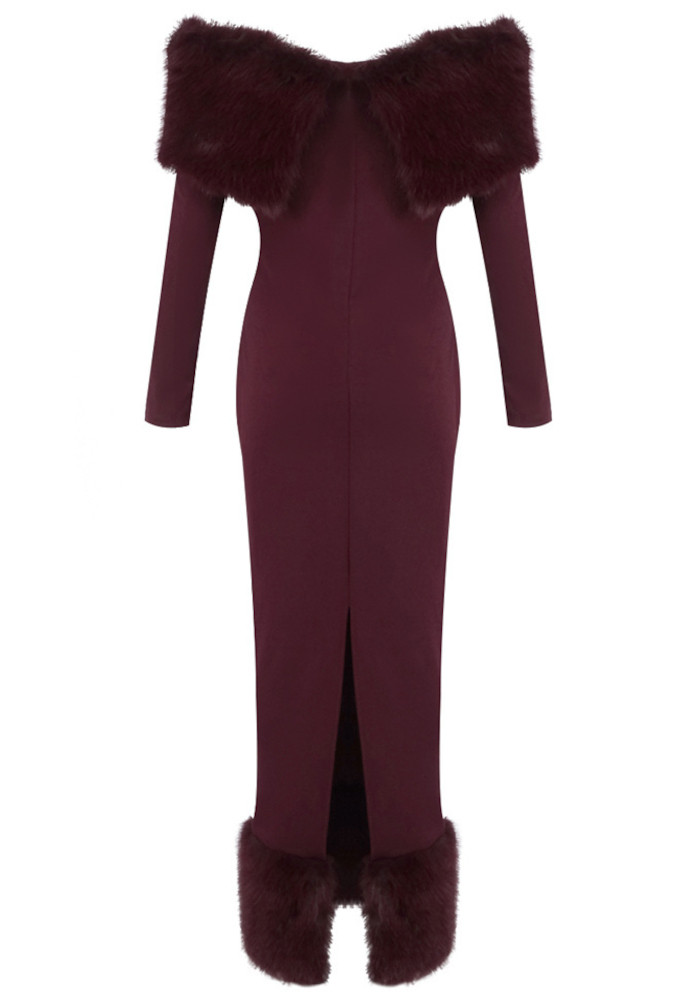 Long Sleeve Fur Bardot Midi Dress Burgundy 9