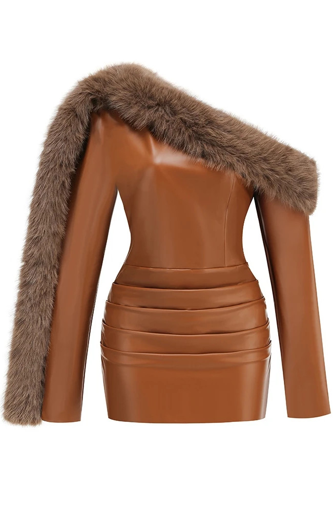 Long Sleeve Fur Detail Faux Leather Dress
