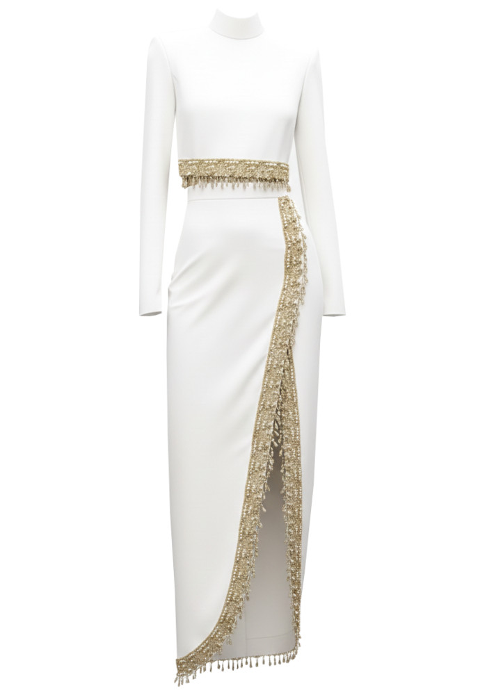 Long Sleeve Gold Trim Two Piece Maxi Dress