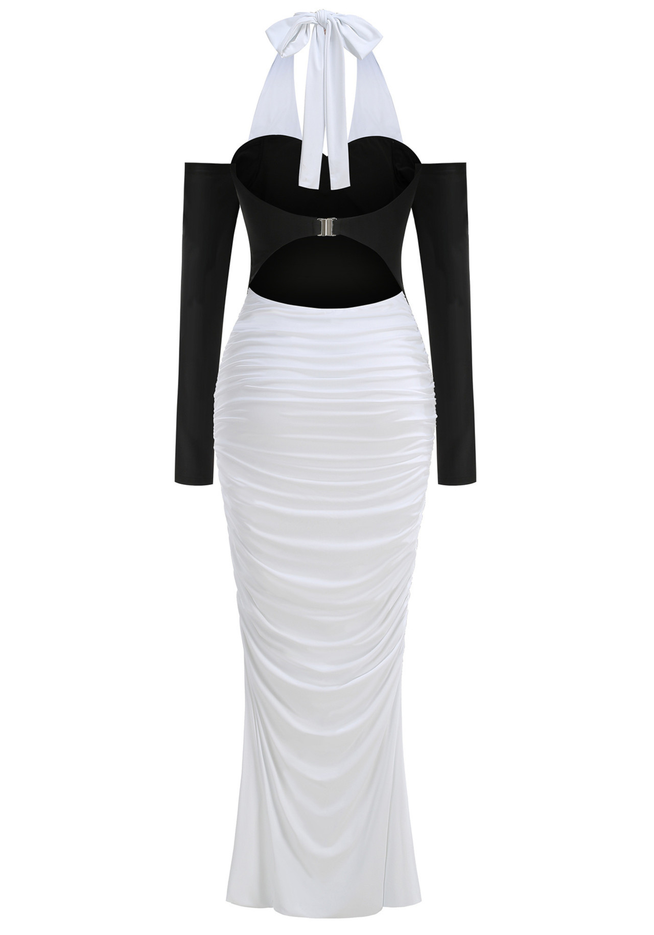 Halter Long Sleeve Draped Maxi Dress Black White 9