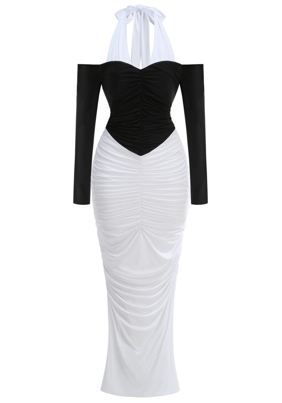 Halter Long Sleeve Draped Maxi Dress