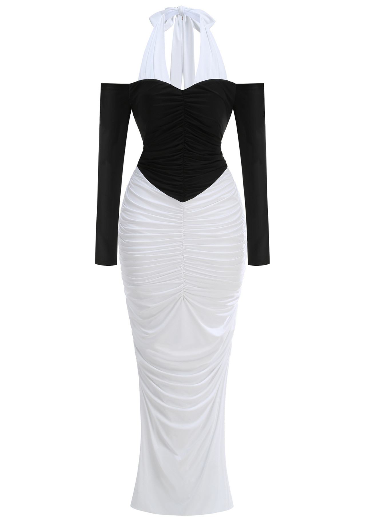 Halter Long Sleeve Draped Maxi Dress Black White 8