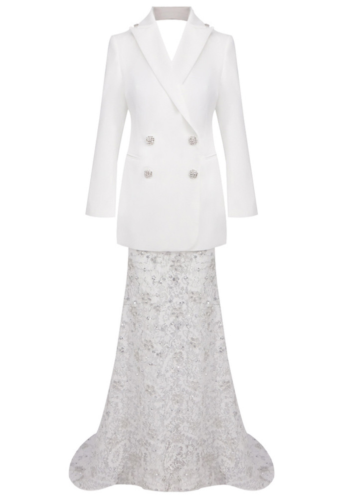 Long Sleeve Blazer Lace Maxi Two Piece Dress