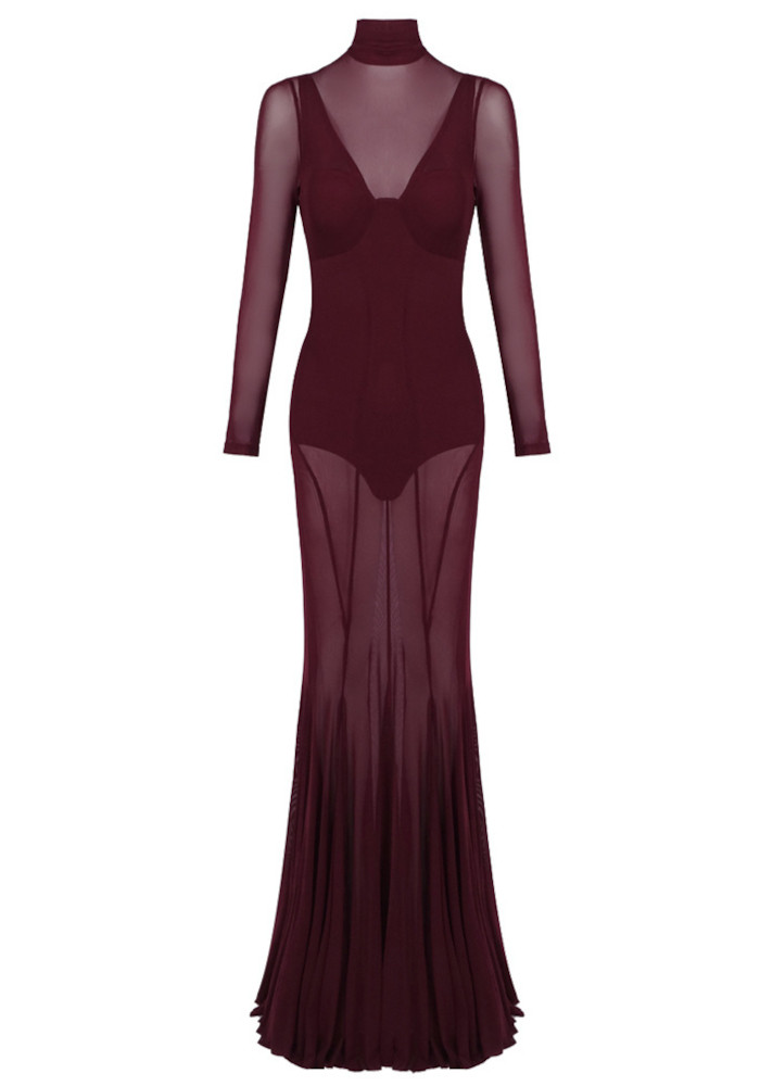 Long Sleeve Mesh Maxi Dress Burgundy 6 Long Sleeve Mesh Maxi Dress Burgundy 6