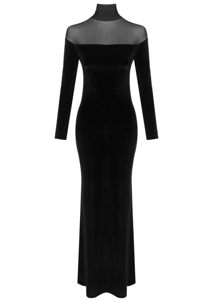 Long Sleeve Mesh Insert Maxi Velvet Dress